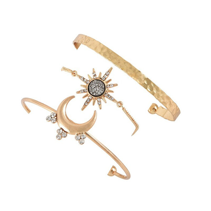 Bohemian Gold Retro Stars Moon Crystal 3 Piece Bracelets Jewelry Set