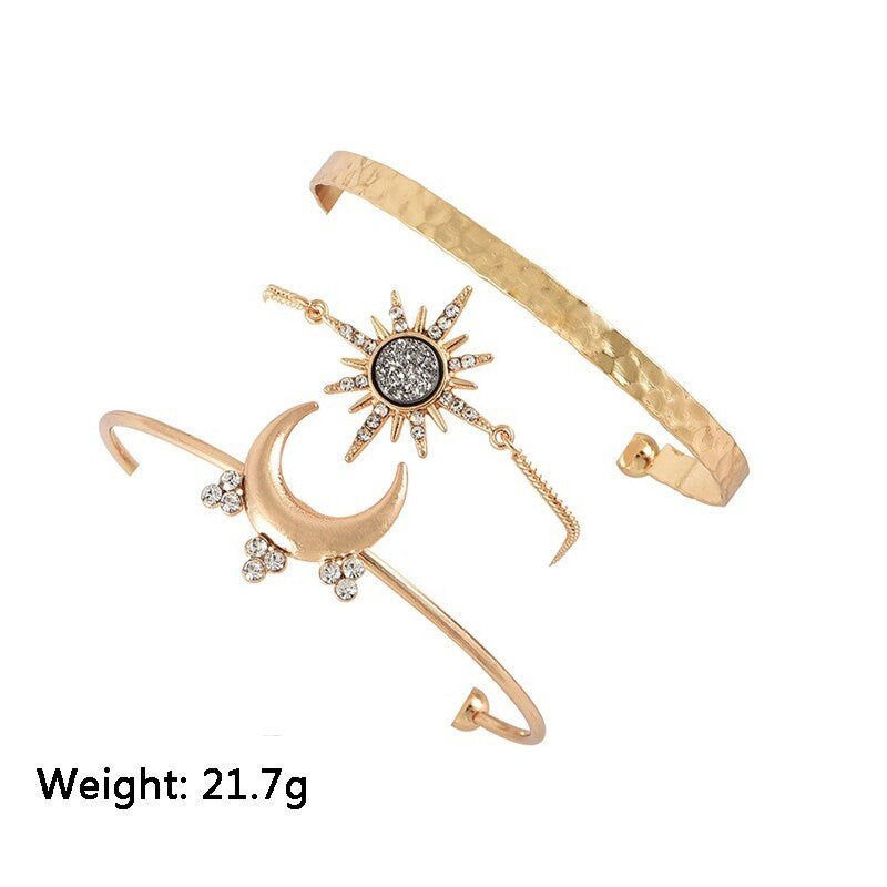 Bohemian Gold Retro Stars Moon Crystal 3 Piece Bracelets Jewelry Set