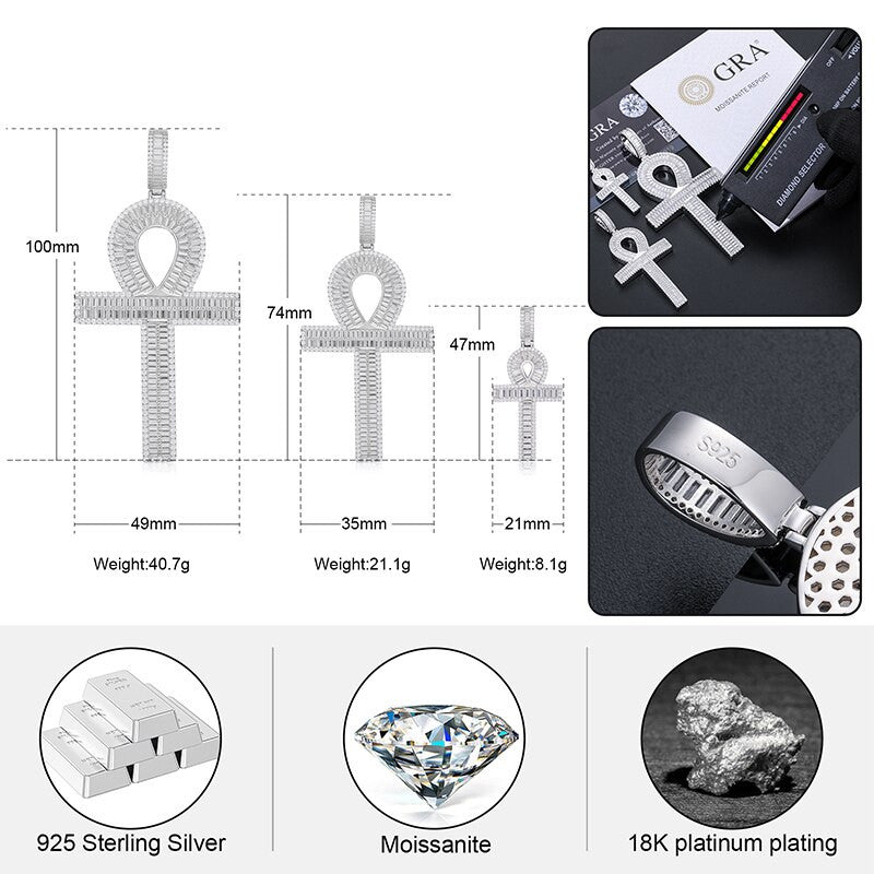 Ancient African Original Ankh Cross Genuine VVS Diamond Baguette Solid Silver Cross Pendant