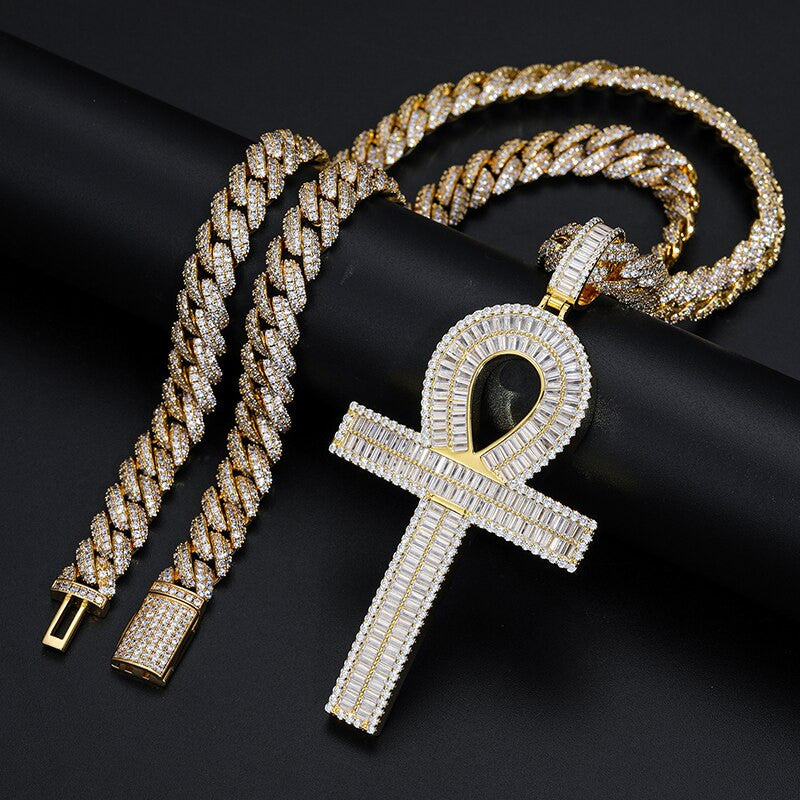 Ancient African Original Ankh Cross Genuine VVS Diamond Baguette Solid Silver Cross Pendant