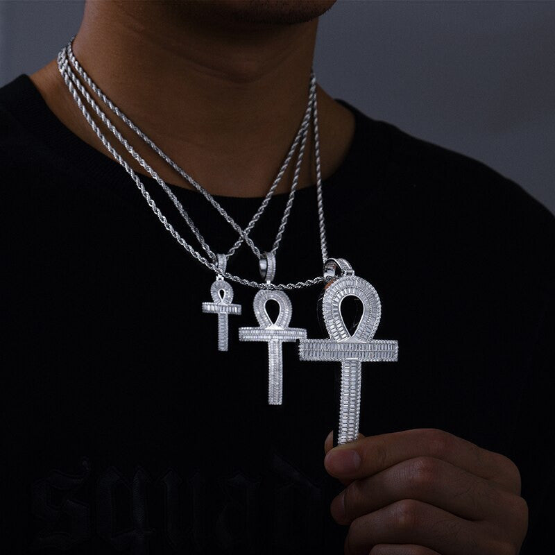 Ancient African Original Ankh Cross Genuine VVS Diamond Baguette Solid Silver Cross Pendant