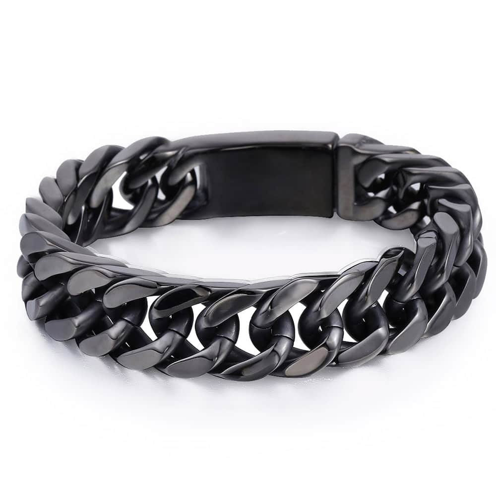 Mens 316L Stainless Steel Black Rombo Curb Cut Cuban Link Bracelet