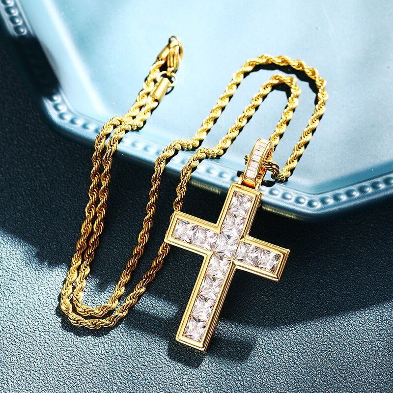 Mens Deep Set Princess Cut Stone Spiritual Cross Pendant Chain Necklace