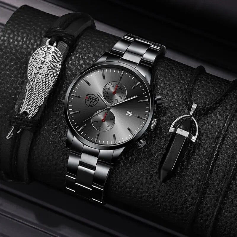 Mens Luxury Stainless Steel Angel Wing Watch Bracelet Onyx Stone Chain Watch Jewelry Set