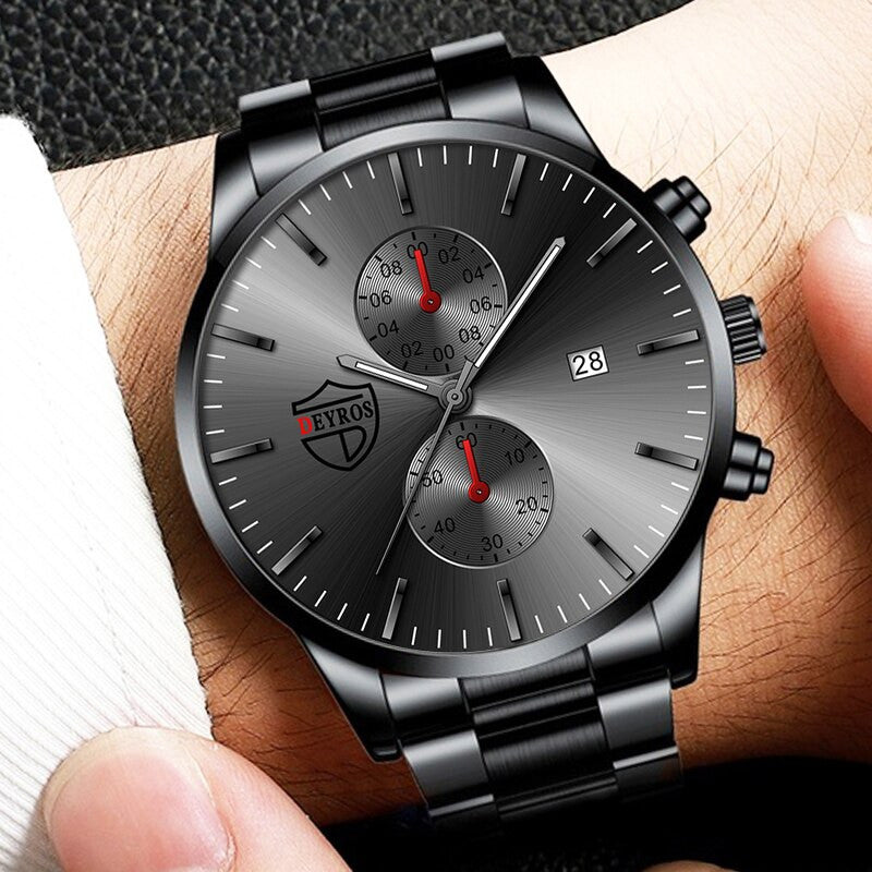 Mens Luxury Stainless Steel Angel Wing Watch Bracelet Onyx Stone Chain Watch Jewelry Set