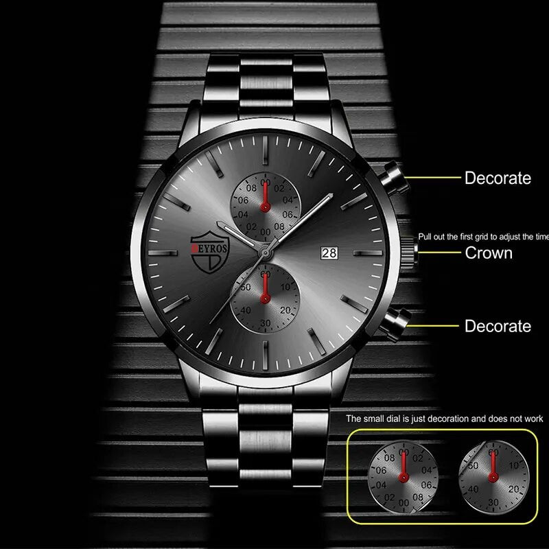 Mens Luxury Stainless Steel Angel Wing Watch Bracelet Onyx Stone Chain Watch Jewelry Set