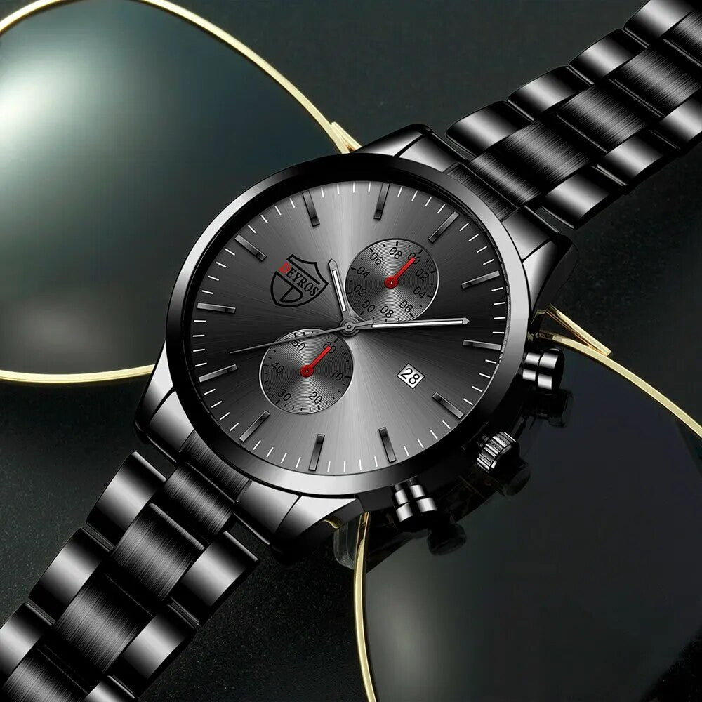 Mens Luxury Stainless Steel Angel Wing Watch Bracelet Onyx Stone Chain Watch Jewelry Set