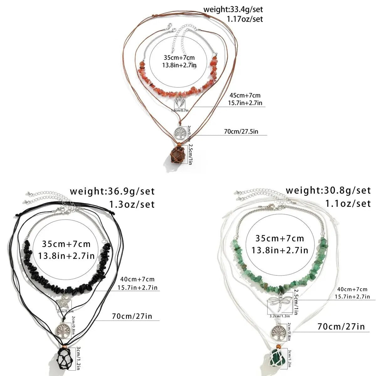 Ladies 3 Piece Bohemian Irregular Stone Angel Wings Tree Of Life Necklace