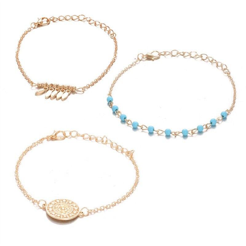 Ladies 3 Piece Fashion Leaf Bohemian All is One Bead Bracelets