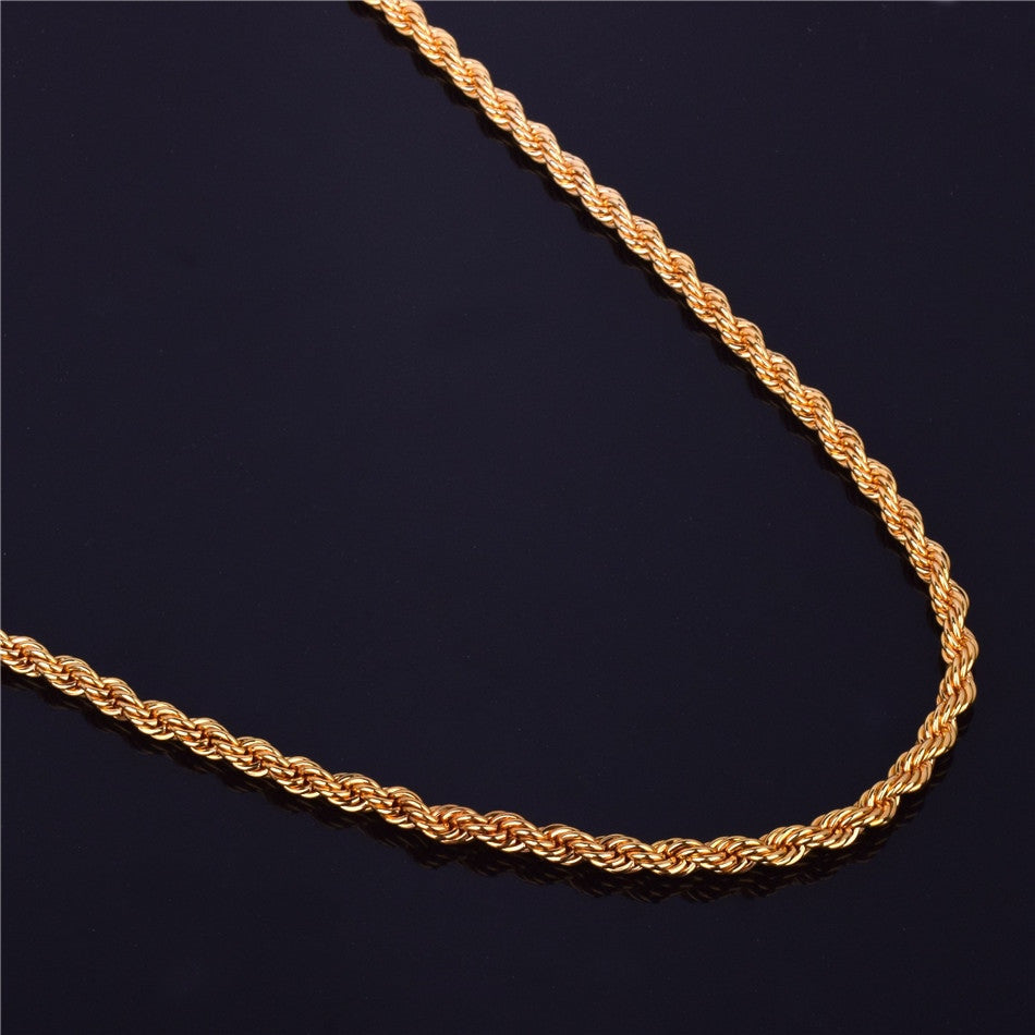 30 Inch 3mm 6mm 14k Gold Over Stainless Steel Rope Hip Hop Chain Necklace
