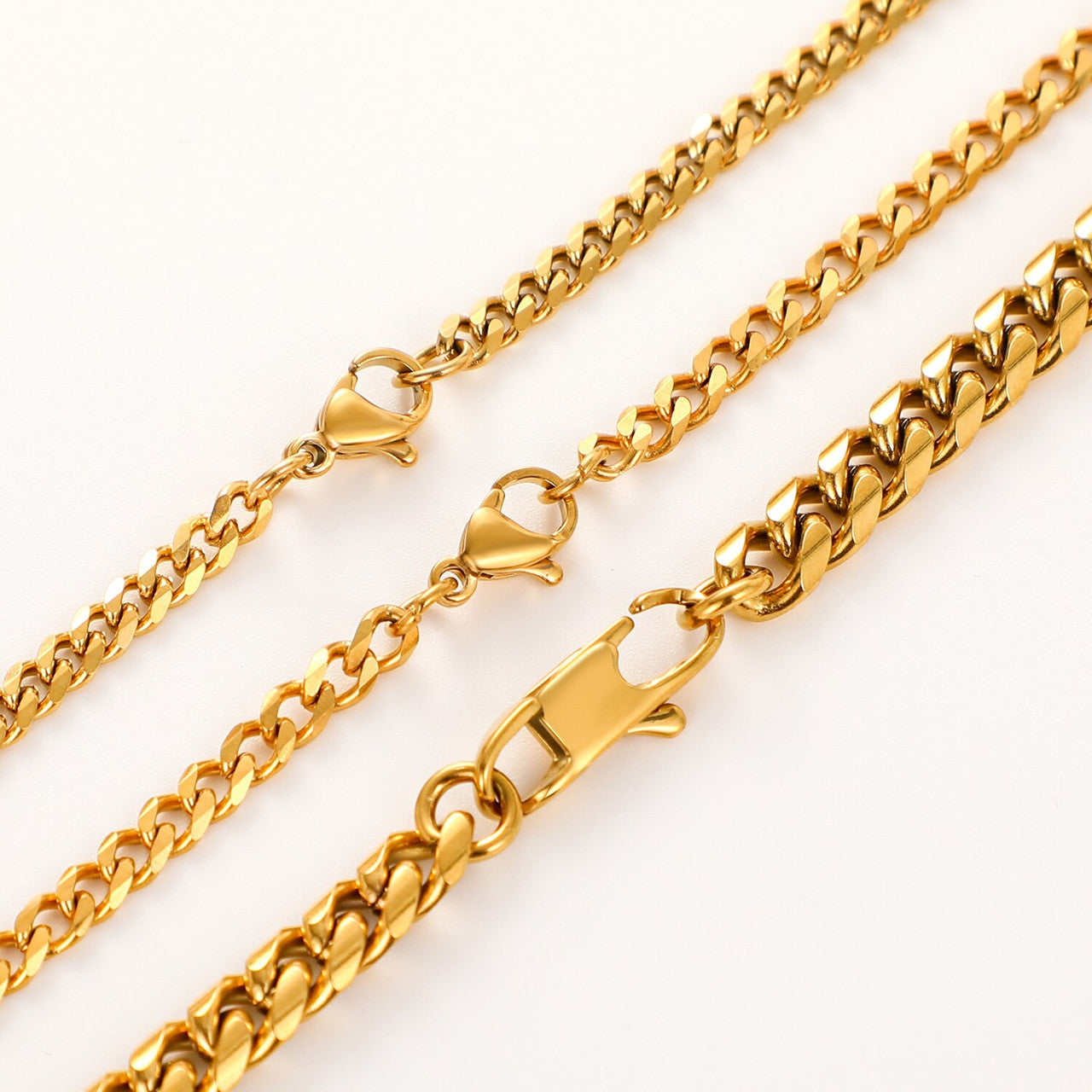 18k Gold Over Solid No Fade Stainless Steel 3 Piece Cuban Link Chain Necklace Set