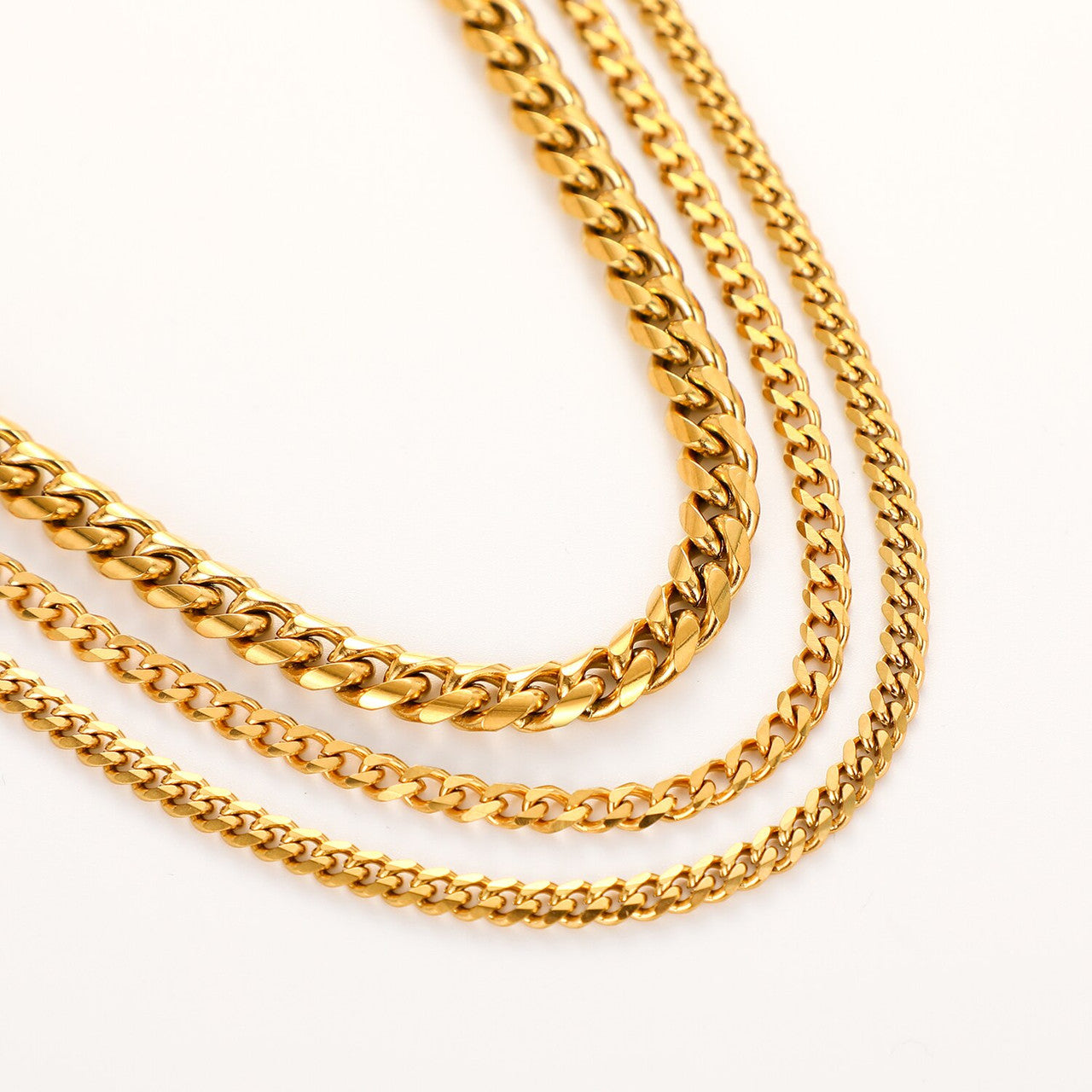 18k Gold Over Solid No Fade Stainless Steel 3 Piece Cuban Link Chain Necklace Set
