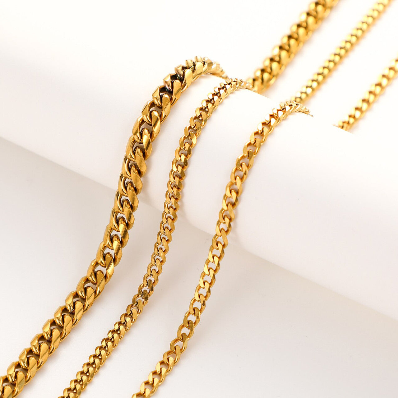 18k Gold Over Solid No Fade Stainless Steel 3 Piece Cuban Link Chain Necklace Set