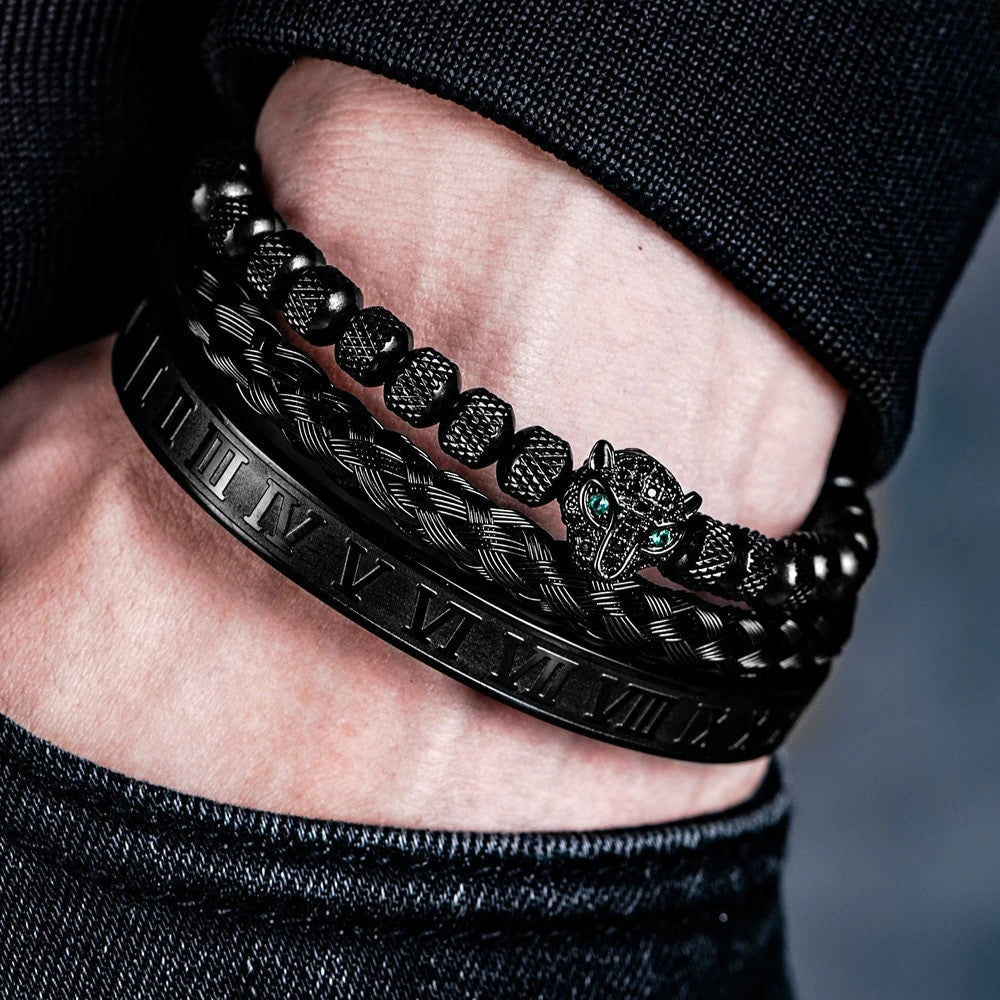 Mens Stainless Steel Micro Pave Roman Numeral 18k Gold Handmade Street Wear Bracelets