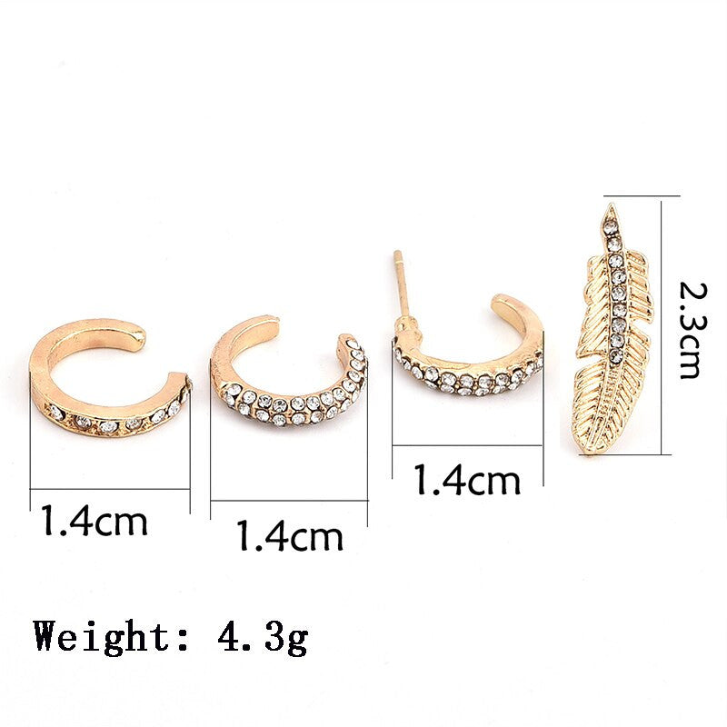 Ladies Single Ear 4 Pcs/Set Bohemian Crystal Leaf Round Gold Ear Clip Set