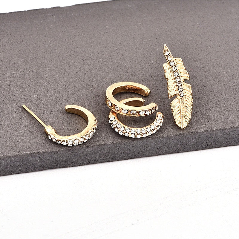 Ladies Single Ear 4 Pcs/Set Bohemian Crystal Leaf Round Gold Ear Clip Set