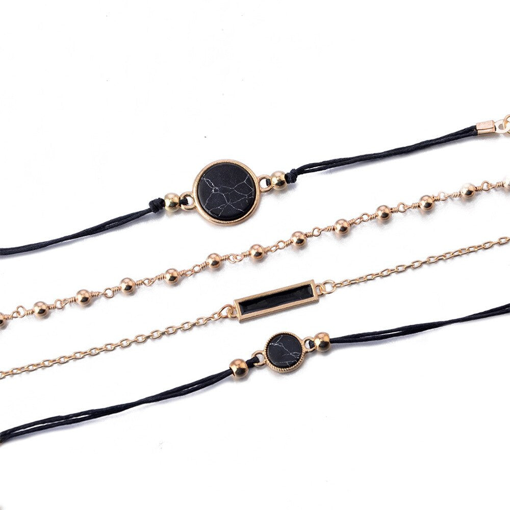 4 Piece Boho Bohemian Round Black Bead Gold Fashion Bracelet Set