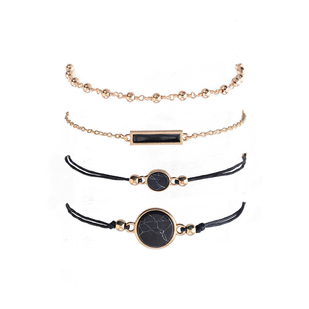 4 Piece Boho Bohemian Round Black Bead Gold Fashion Bracelet Set