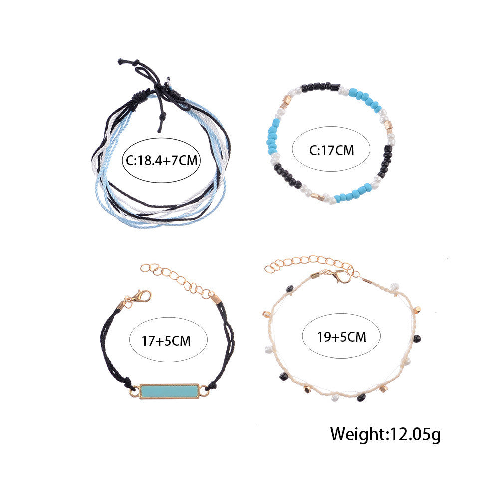 Ladies 4 Piece Simple Stylish Square Beads Multilayer Braided Rope Bracelet Set