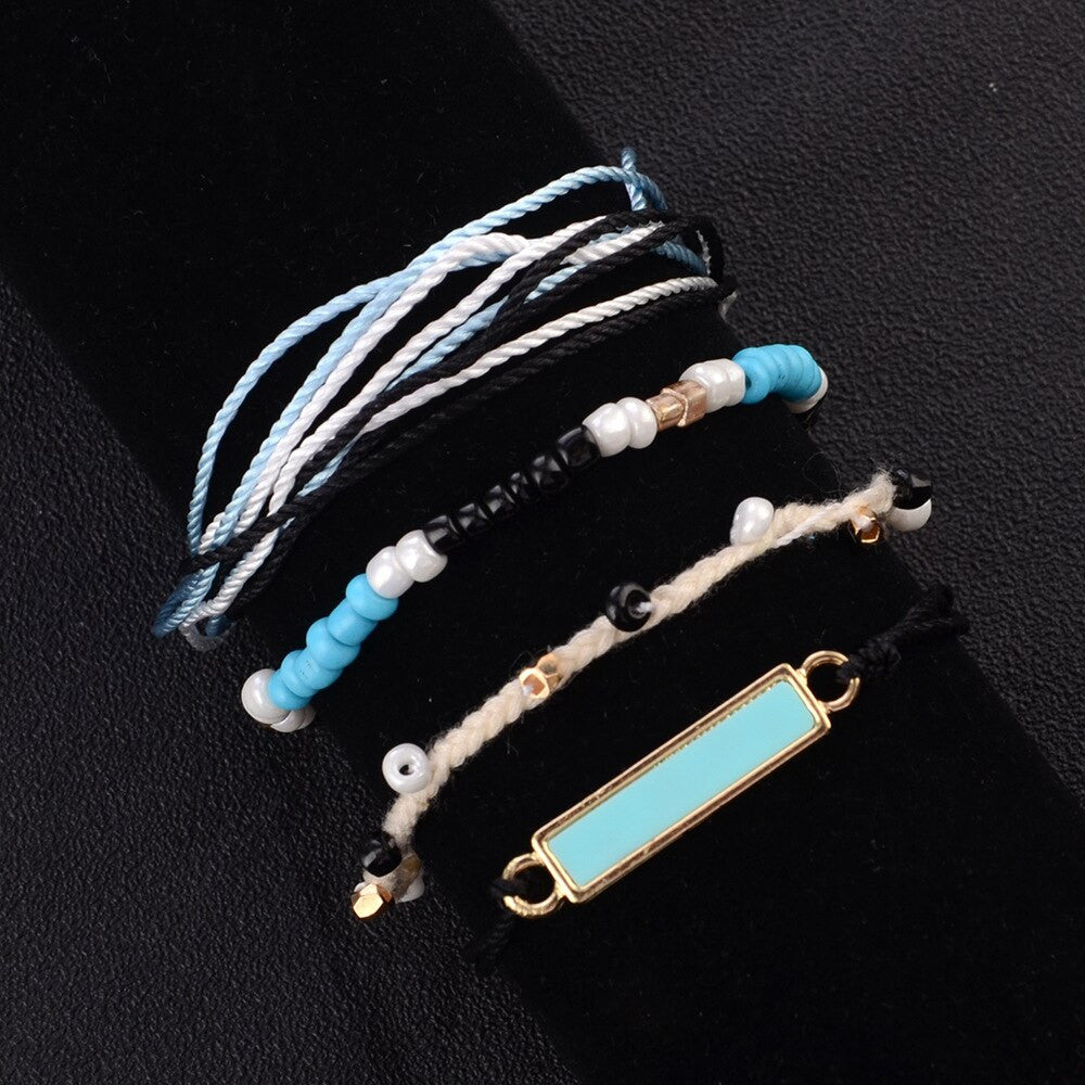 Ladies 4 Piece Simple Stylish Square Beads Multilayer Braided Rope Bracelet Set