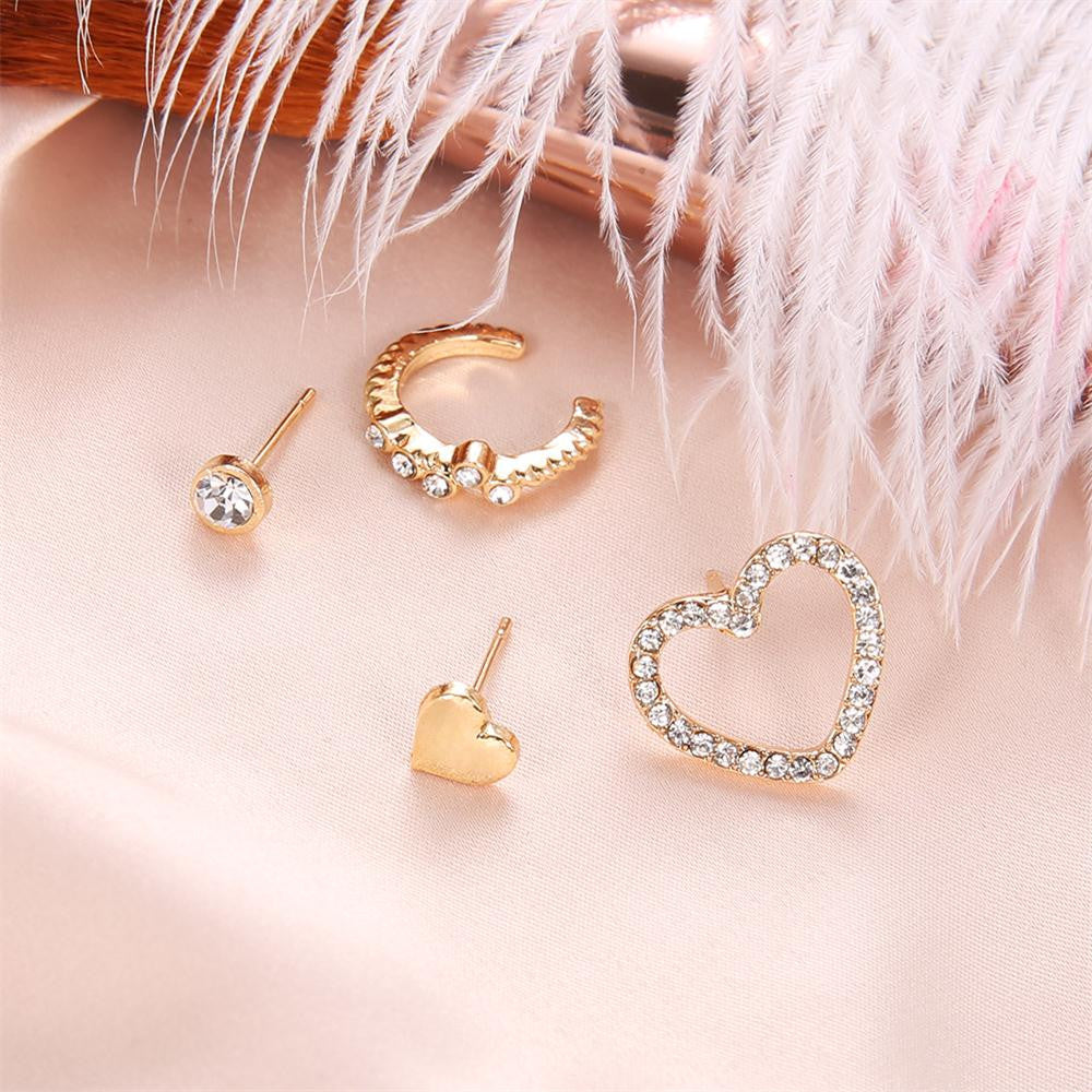 Ladies 4 Piece Fashion Heart Crystal Stars Exquisite Gold Earrings Jewelry Set