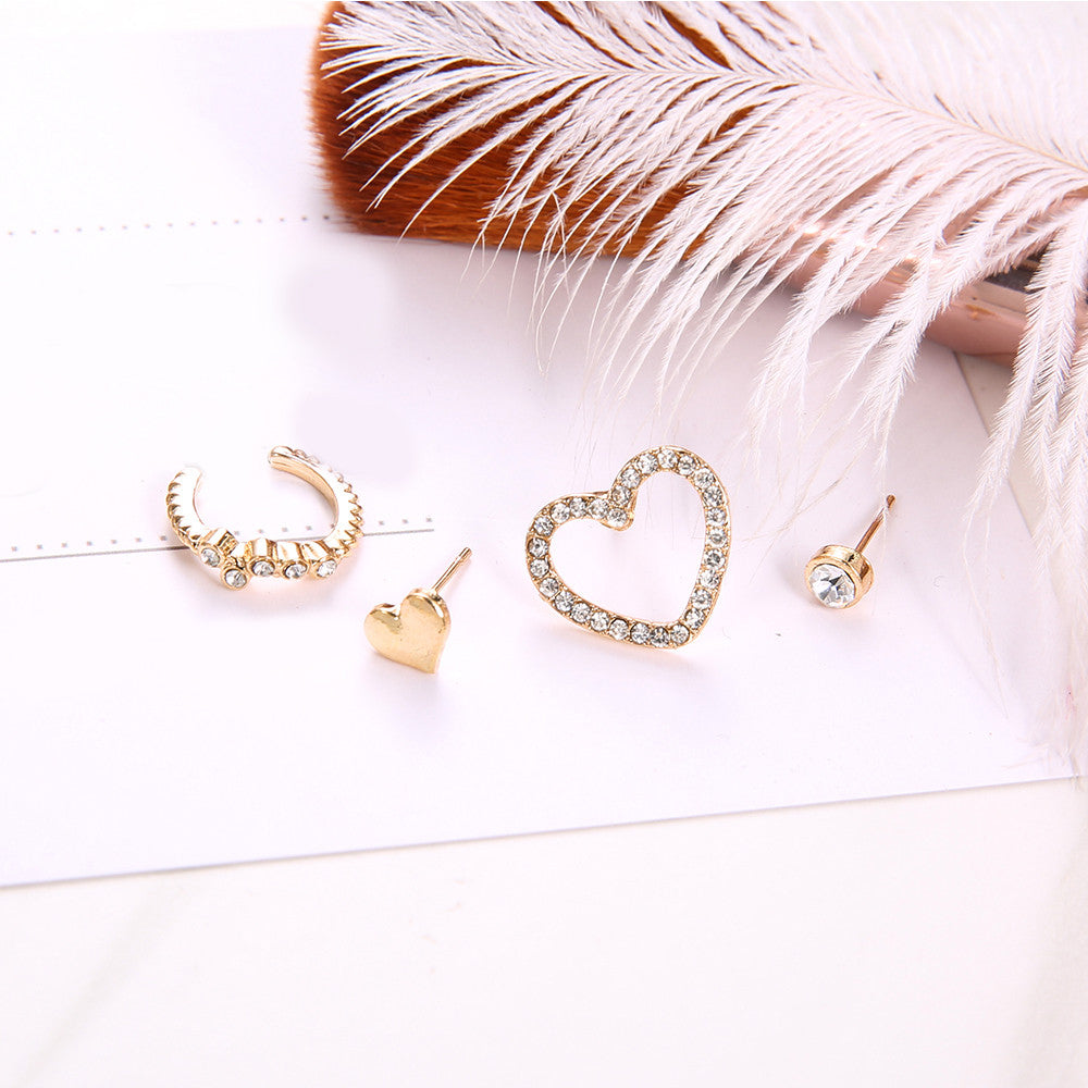 Ladies 4 Piece Fashion Heart Crystal Stars Exquisite Gold Earrings Jewelry Set