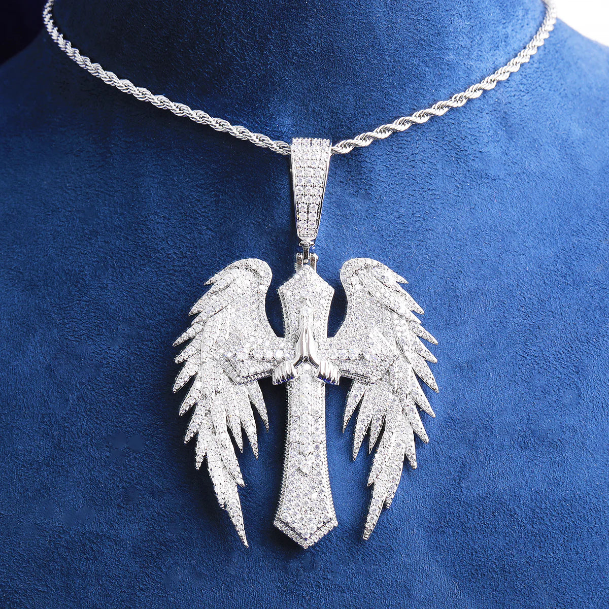 Prayers Answered | Winged Cross Prayer hands VVS Diamond CZ Hip Hop Pendant
