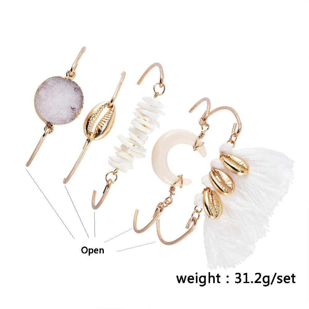 Ladies 5 Piece Boho Personality Princess Gem Moon Shell Tassel Irregular Natural Stone Gold Bracelet Set