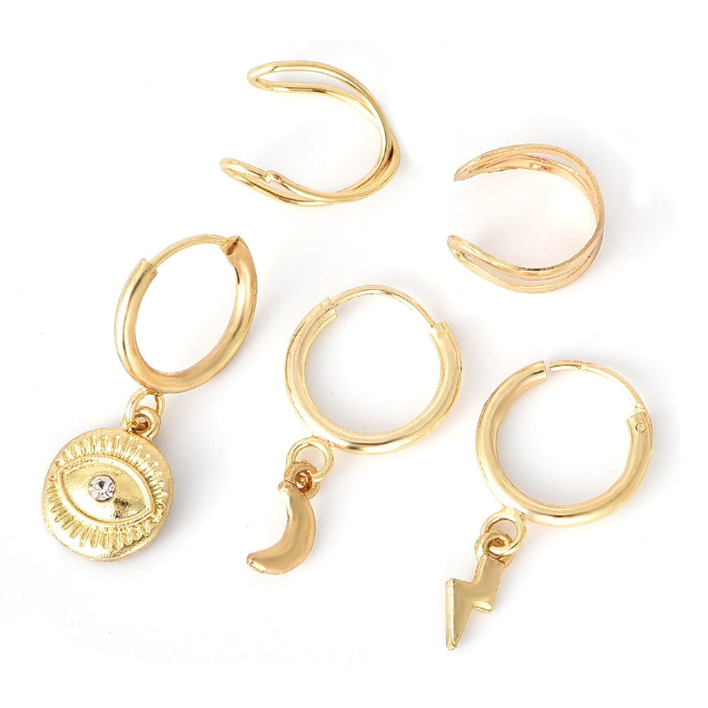 Fashion Eye Moon Lightning 5 Piece Gold Hanging Stud Boho Earrings Jewelry Sets