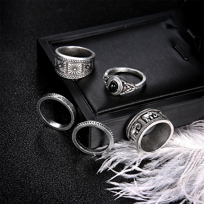 Ladies 5 Piece Bohemia Retro Elephant Arrow Round Gemstone Jewelry Ring Set