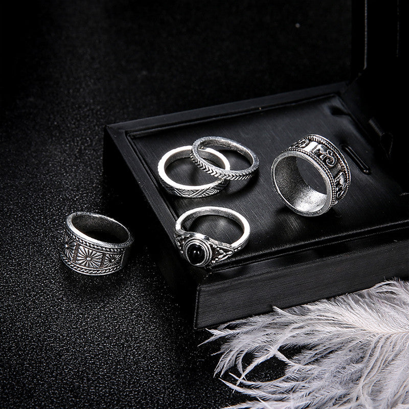 Ladies 5 Piece Bohemia Retro Elephant Arrow Round Gemstone Jewelry Ring Set
