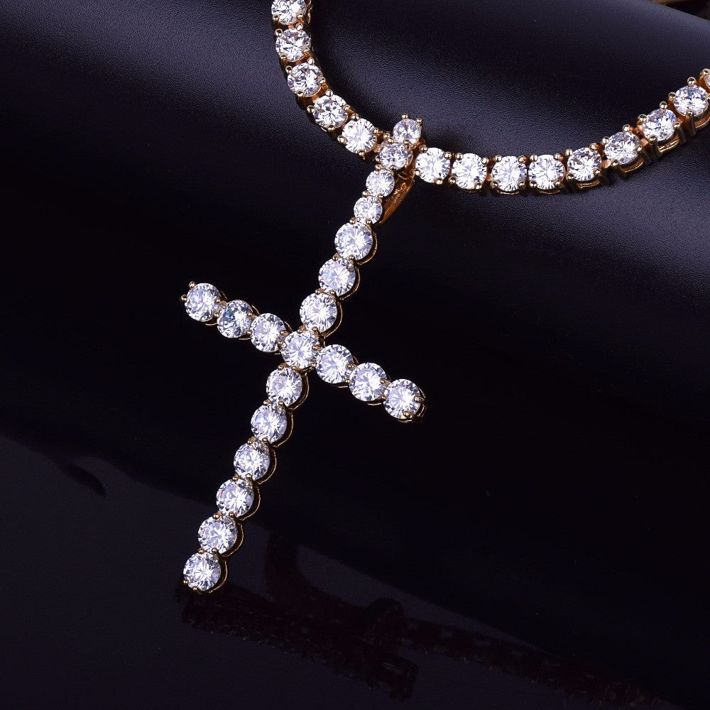 22k Gold .925 Silver 5mm Flooded Ice AAA Micro Pave All Iced Classic Cross Hip Hop Pendant Chain Necklace