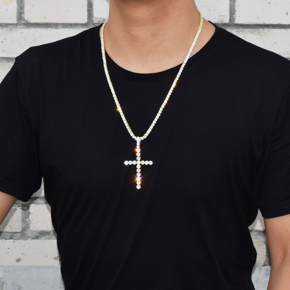 22k Gold .925 Silver 5mm Flooded Ice AAA Micro Pave All Iced Classic Cross Hip Hop Pendant Chain Necklace