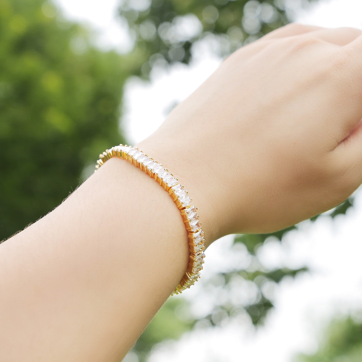 24k Gold 925 Silver Baguette Stone 5mm Iced Tennis Chain Bracelet