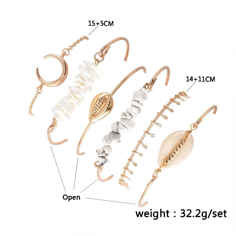 Boho Bangle Classic Shell Moon Natural Stone 6 Piece Bracelet Jewelry Set