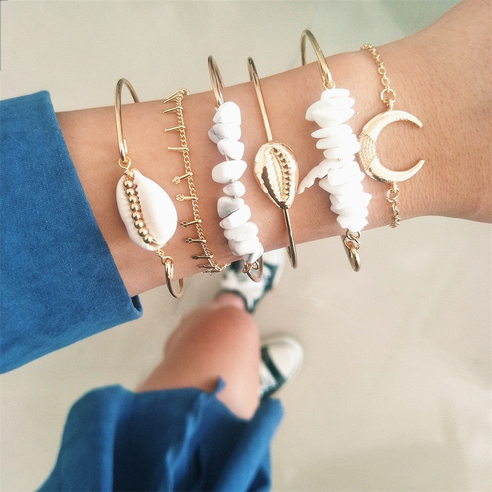 Boho Bangle Classic Shell Moon Natural Stone 6 Piece Bracelet Jewelry Set