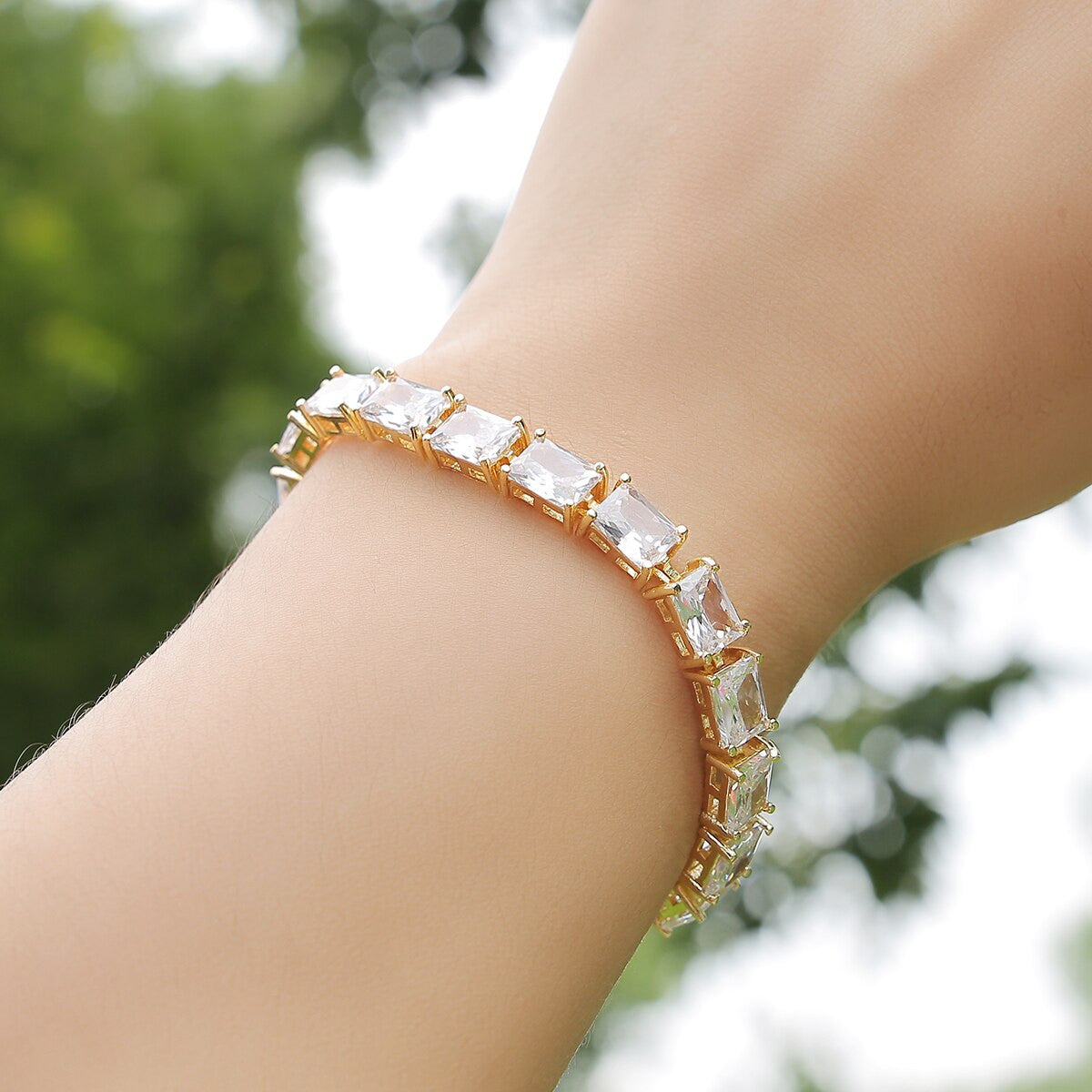 24k Yellow / White Gold 6mm Handset Baguette Bling Tennis Bracelets