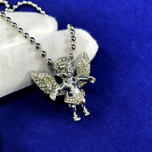 Hip Hop Micro Simulated Diamond Silver Open Arms Angel of Peace Pendant