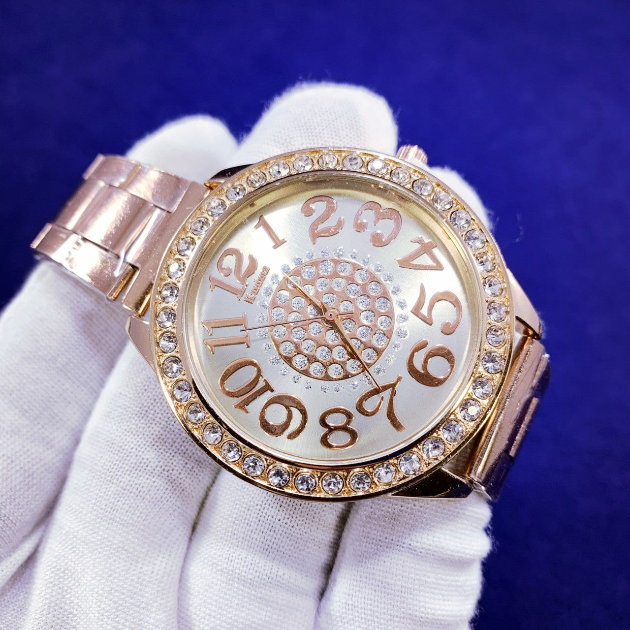 Mens Luxury Boys Stainless Steel Pointer Iced Blinged Out Wrist Watch Rose Gold