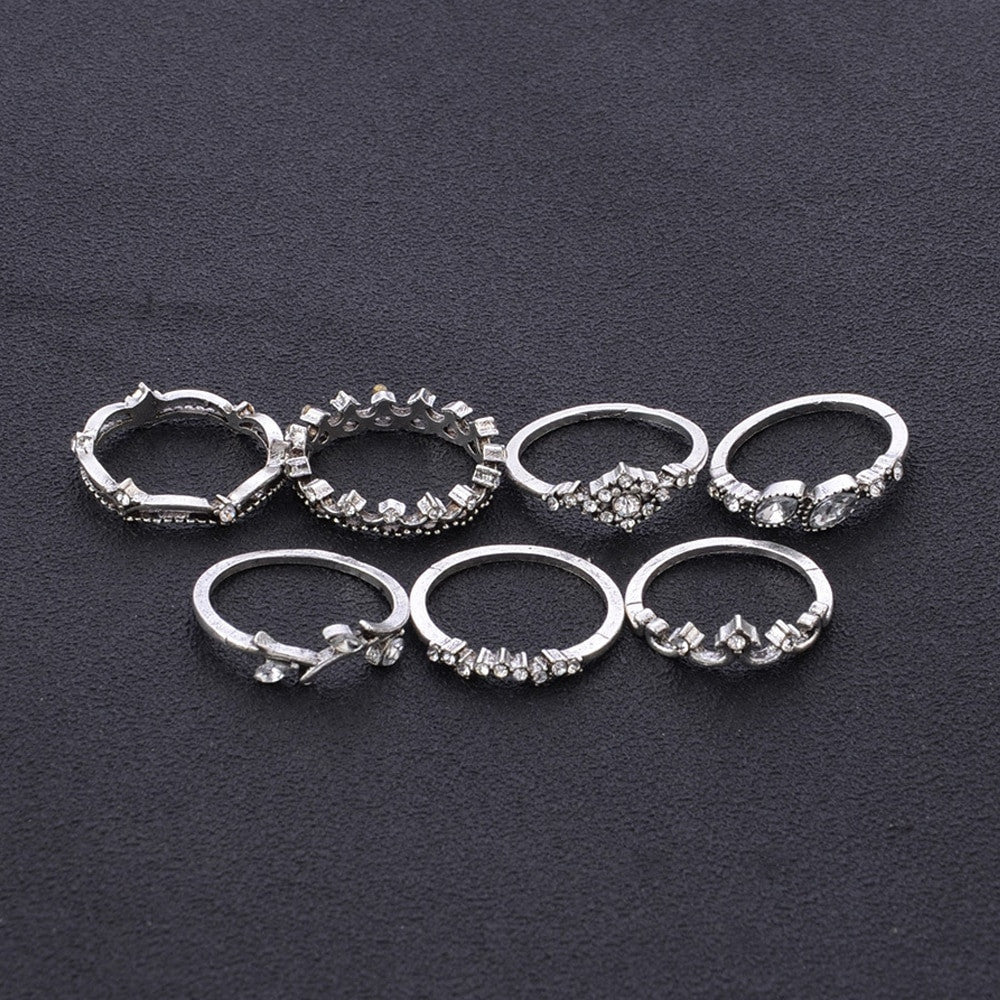 Fashion Crystal Leaf 7 Piece Boho Crown CZ Silver Joint Ring Jewelry Set