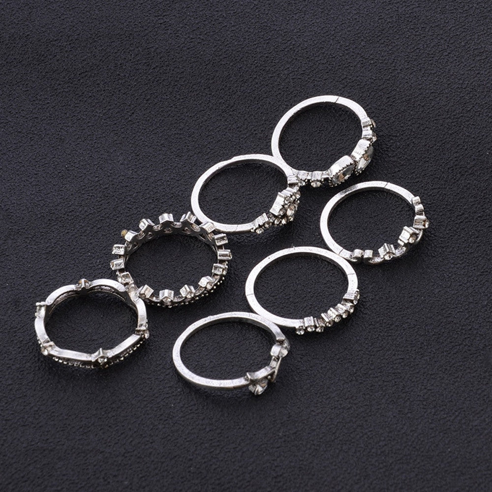 Fashion Crystal Leaf 7 Piece Boho Crown CZ Silver Joint Ring Jewelry Set