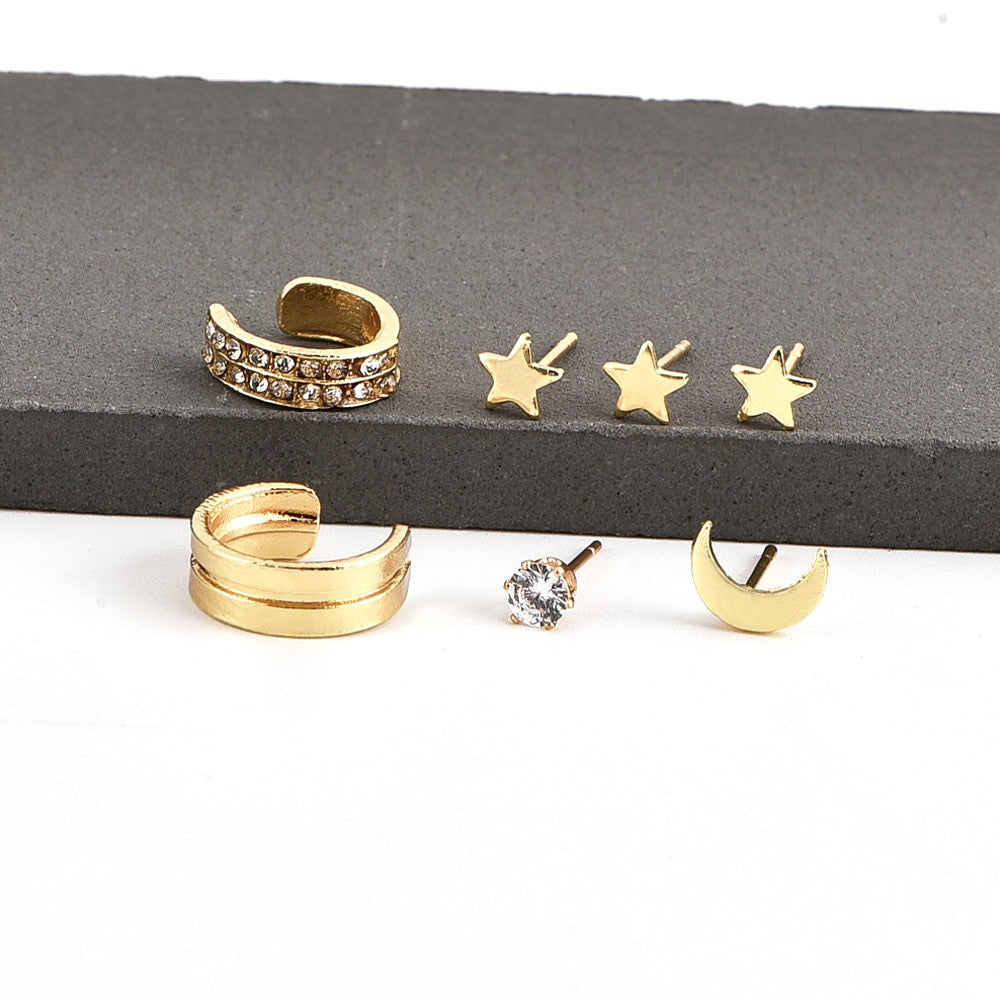 Ladies 7 Piece Classic Gold Stars Moon Crystal Stud Earrings Fashion Set