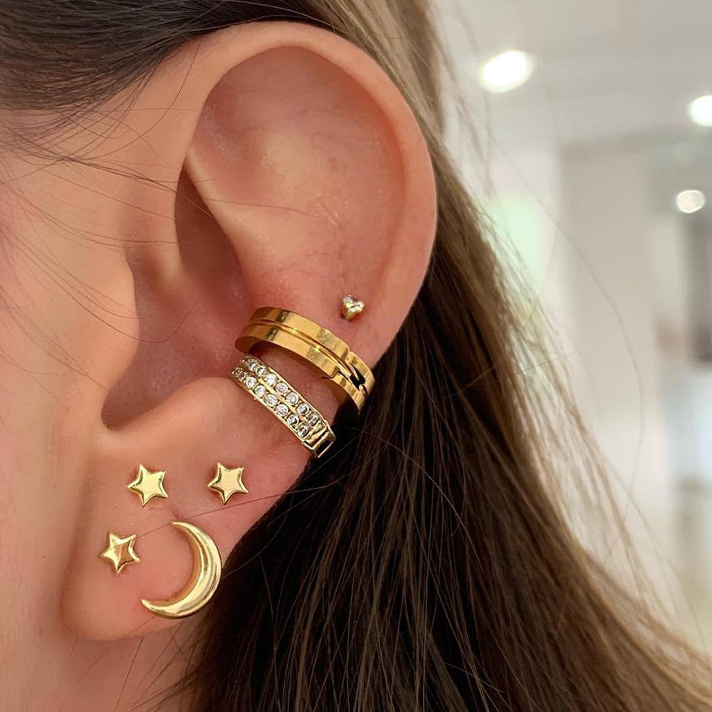 Ladies 7 Piece Classic Gold Stars Moon Crystal Stud Earrings Fashion Set