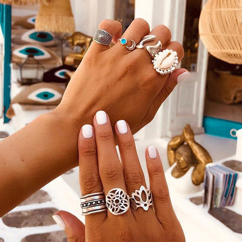 Ladies Silver 7 Piece Shell Moon Gem Retro Boho Fashion Ring Jewelry Set