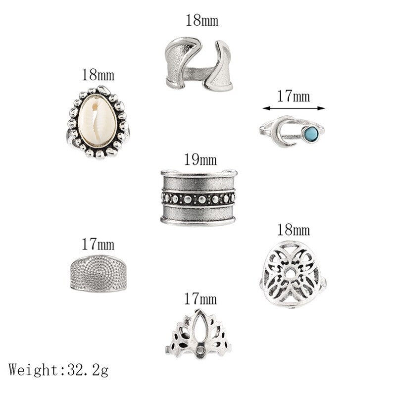 Ladies Silver 7 Piece Shell Moon Gem Retro Boho Fashion Ring Jewelry Set