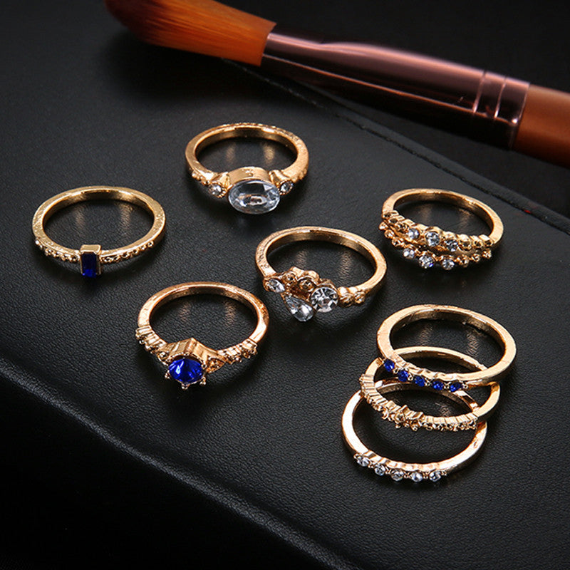 8 Piece Fashion Flower Midi Gossip Moon Star Crown Retro Crystal Opal Knuckle Ring Jewelry Set