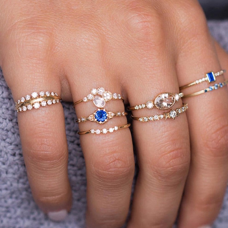 8 Piece Fashion Flower Midi Gossip Moon Star Crown Retro Crystal Opal Knuckle Ring Jewelry Set