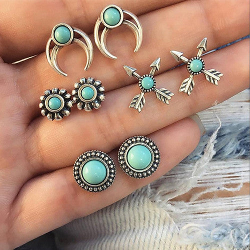 Turquoise Vintage 8 Piece Silver Arrow Moon Flower Gem Round Earring Jewelry Set