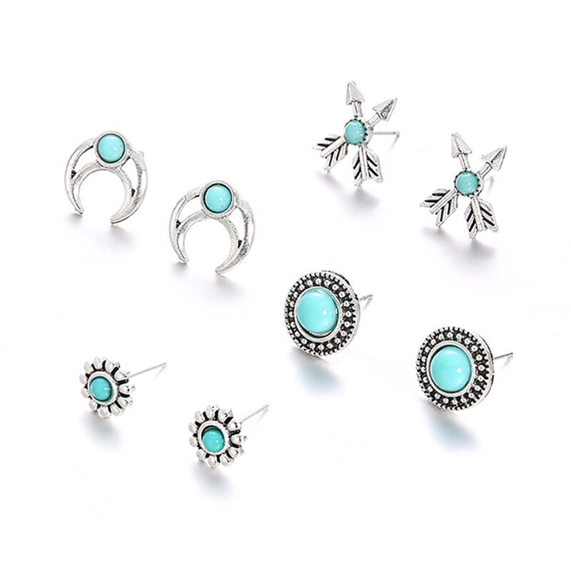 Turquoise Vintage 8 Piece Silver Arrow Moon Flower Gem Round Earring Jewelry Set