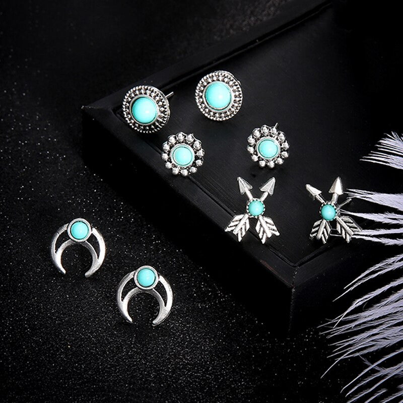 Turquoise Vintage 8 Piece Silver Arrow Moon Flower Gem Round Earring Jewelry Set